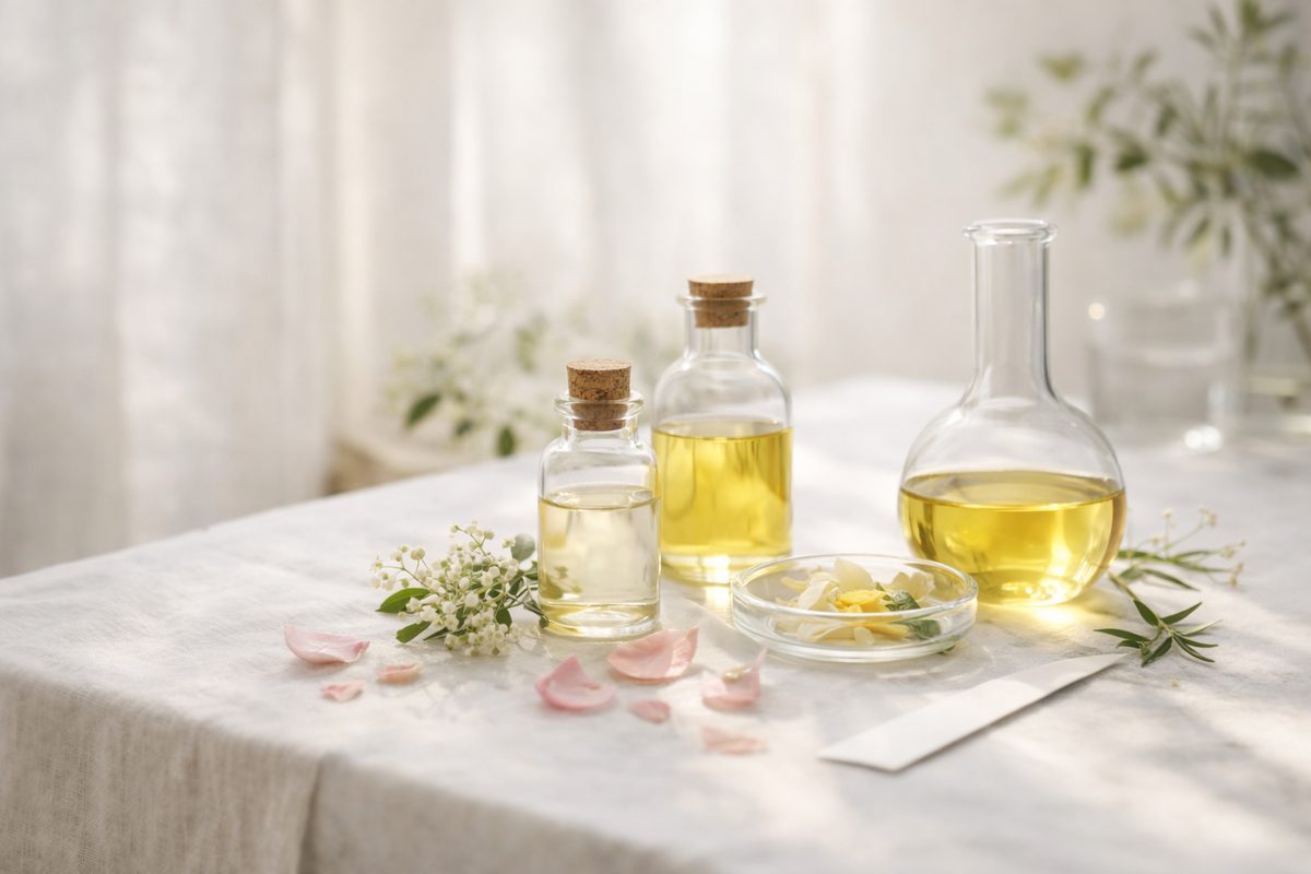 Botanical extracts and pale amber oils in clear glass on white linen, softly lit.