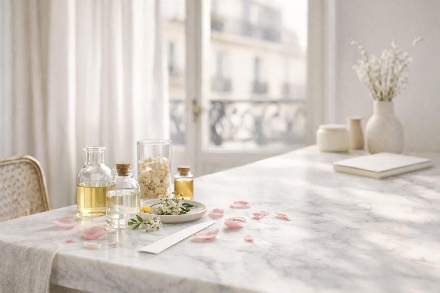 A bright Paris apartment atelier with natural botanicals and soft morning light.