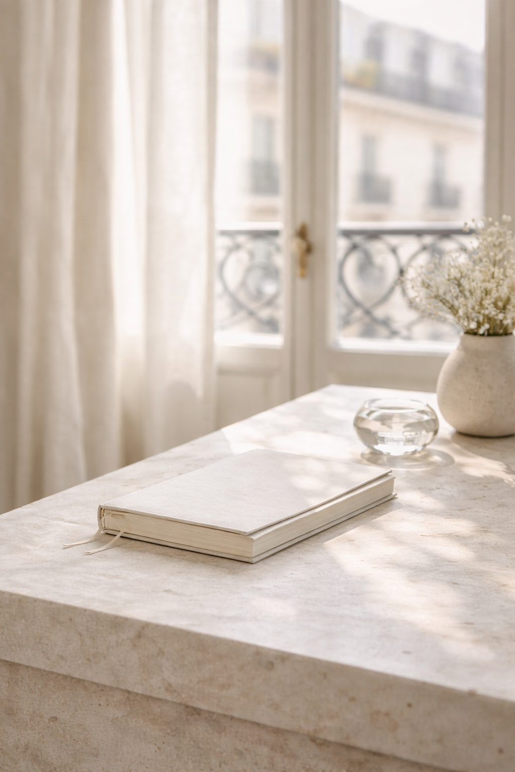 Sunlight through a tall Parisian window onto a stone surface with a closed notebook and glass object.